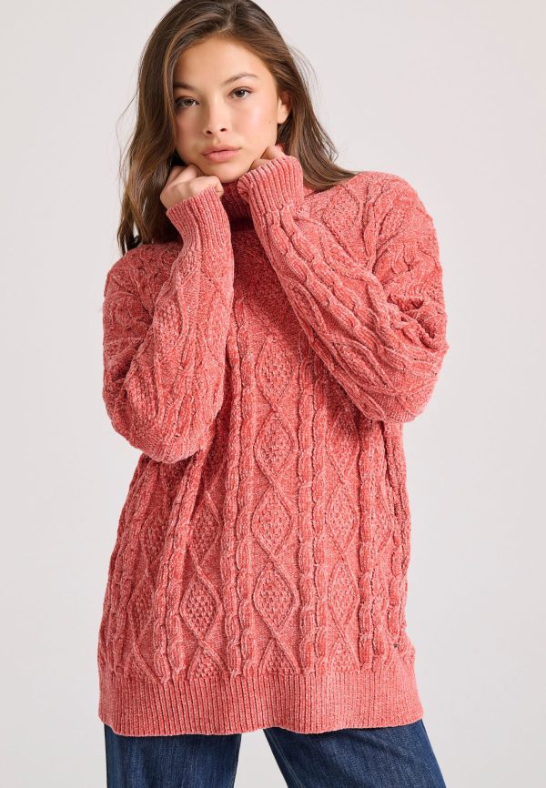 Loose fit cable knit turtle neck chenille pullover - Image 2