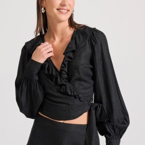 Wrapped top in jacquard weave with ruffles