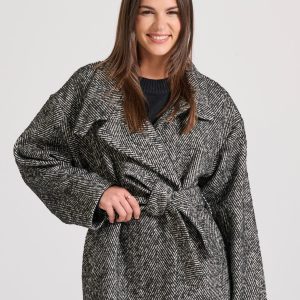Women's herringbone semi-coat with waist belt