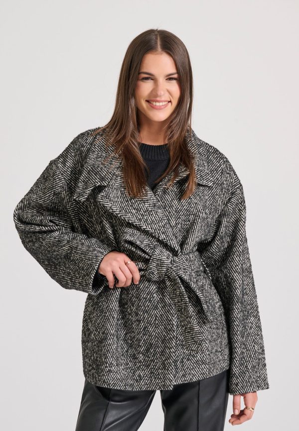 Women's herringbone semi-coat with waist belt