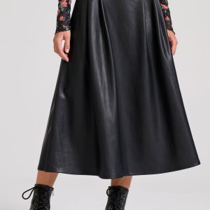 Eco leather midi skirt with pleats (PU)