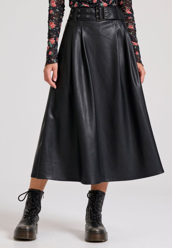 Eco leather midi skirt with pleats (PU)