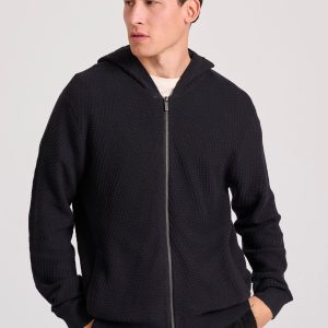 Relaxed fit zip-up sweater with structure weaving