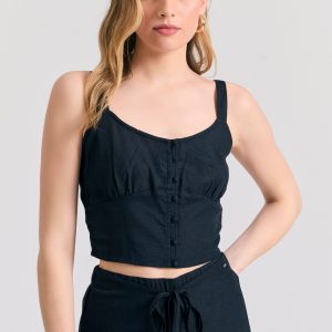 Linen blend plain cropped top