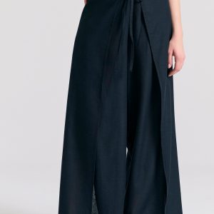 Linen blend wide leg trousers with elastic waist