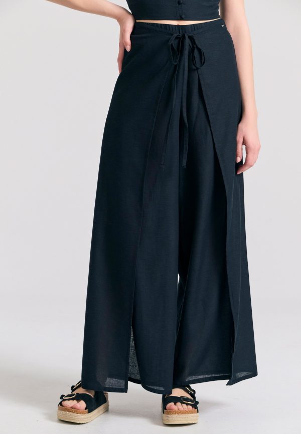 Linen blend wide leg trousers with elastic waist