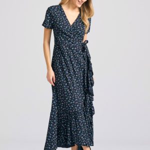 Midi all over printed wrap dress with ruffles
