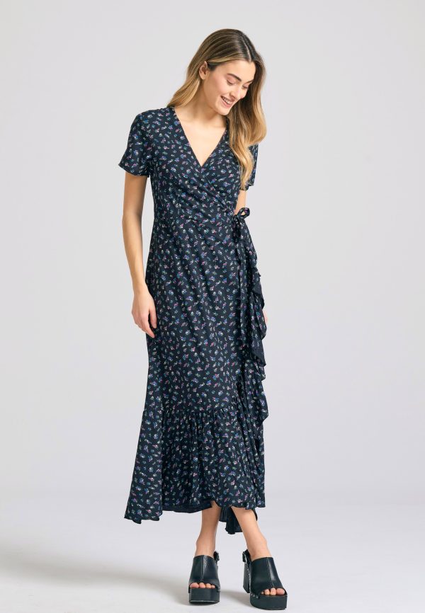 Midi all over printed wrap dress with ruffles