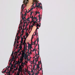 Loose fit all over printed maxi semi-shirt dress with ruffles