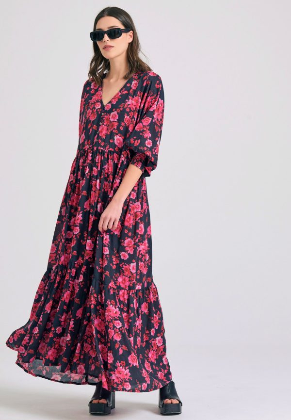 Loose fit all over printed maxi semi-shirt dress with ruffles