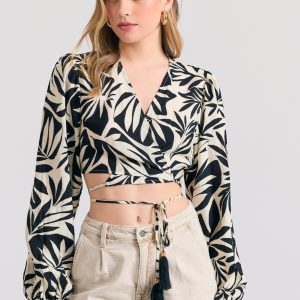 All over printed long sleeve wrapped blouse