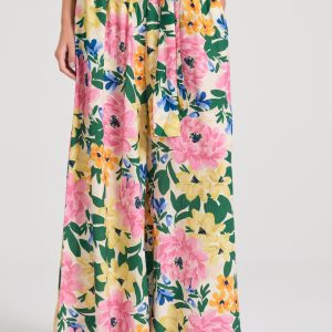 Wide leg all over printed artificial silk pants