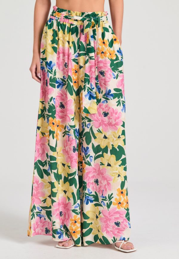 Wide leg all over printed artificial silk pants