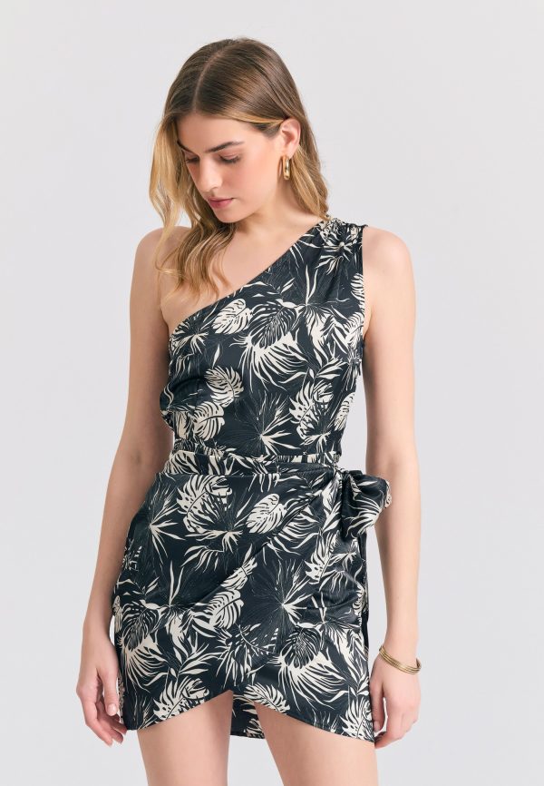 Off-shoulder all over printed dress with side tie
