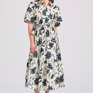 Midi all over printed semi-shirt dress with ruffles