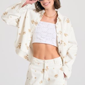 Oversized women's denim jacket with embroidery