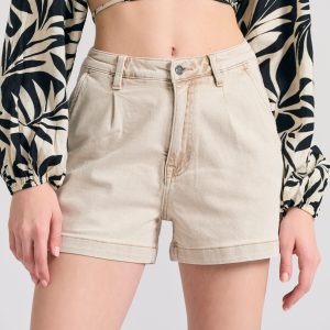 Garment dyed denim shorts with pleats