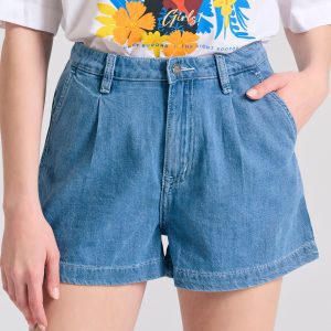 Loose fit lyocell blend denim shorts with pleats