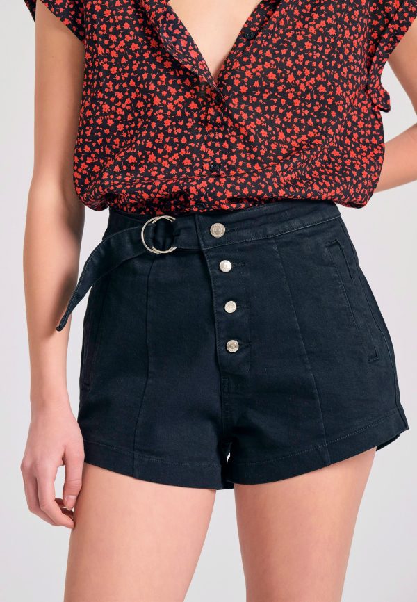 Women's denim shorts with decorative belt with hoops