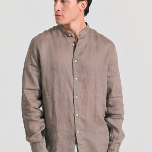 Mao neck garment dyed linen shirt