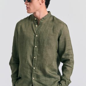 Mao neck garment dyed linen shirt