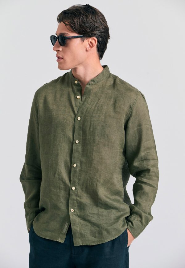 Mao neck garment dyed linen shirt