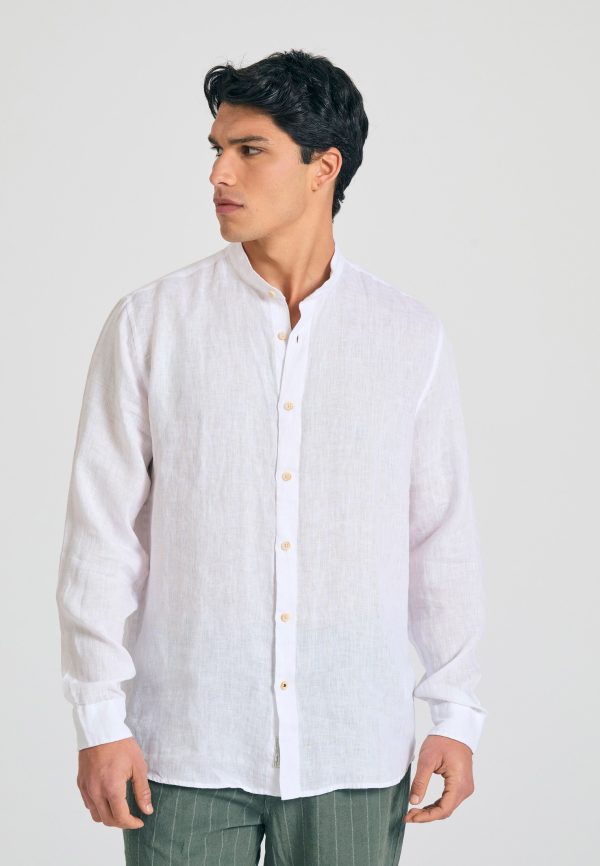 Mao neck garment dyed linen shirt
