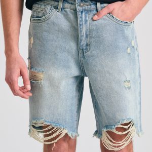 Comfort fit denim shorts with destroyed effects