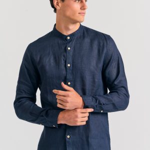 Mao neck garment dyed linen shirt